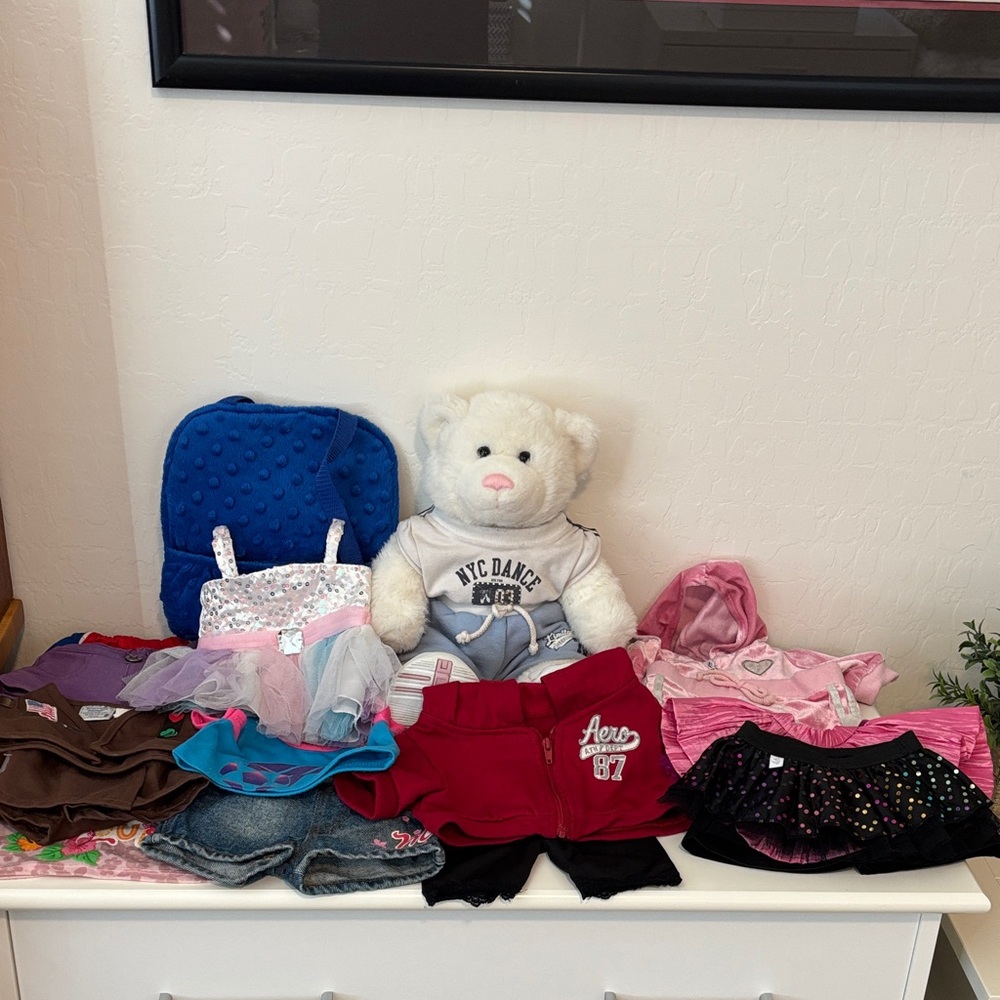 Build-A-Bear with blue carrier and many extra outfits.
